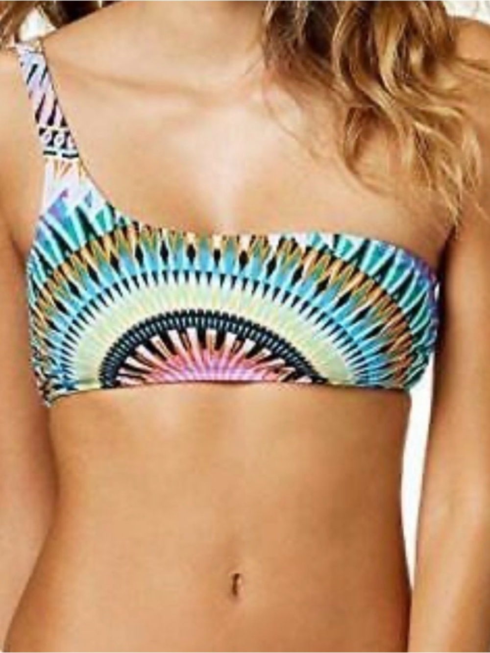 Bar III One-Shoulder Multicolor Sunburst Bikini Top - Teal, Pink, Yellow